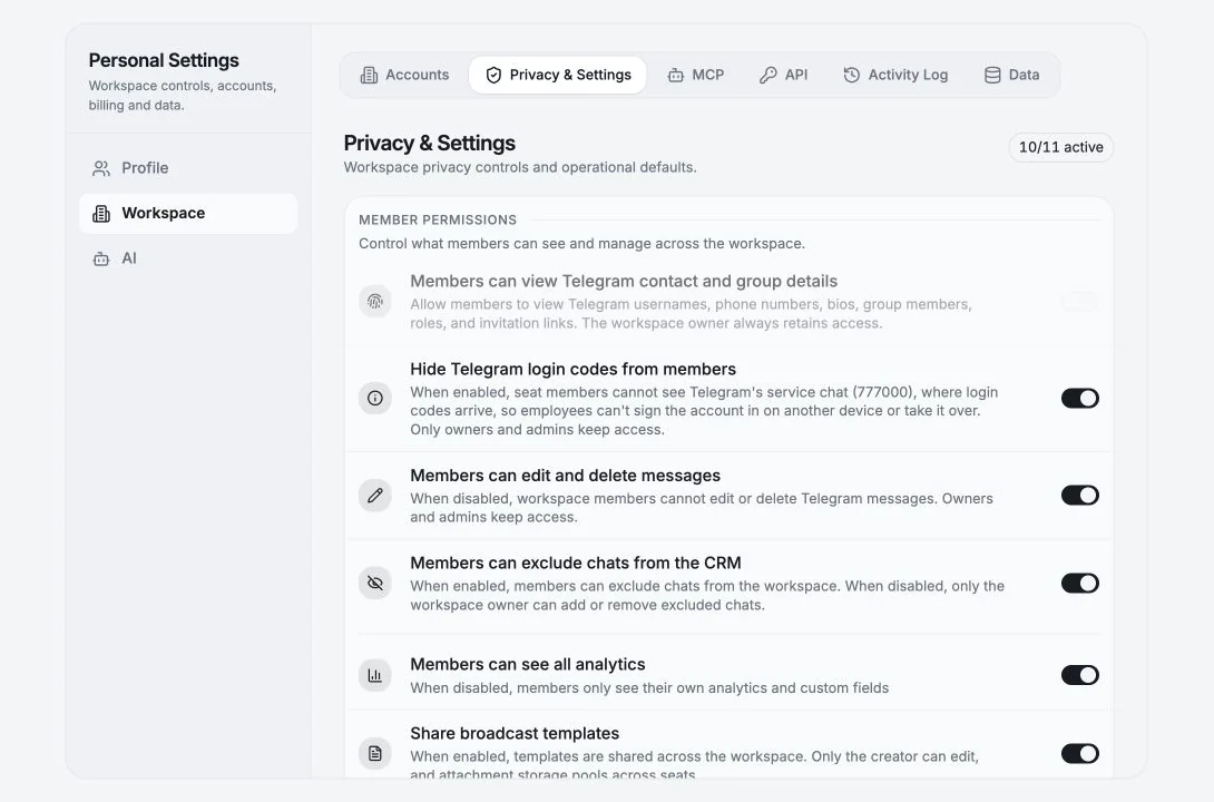 Workspace privacy and permission settings with member-access toggles