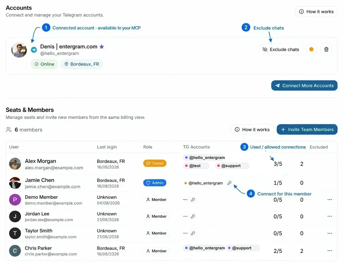 Annotated Accounts and Seats & Members settings showing MCP account scope, excluded chats, Telegram limits, and the connect-for-member key