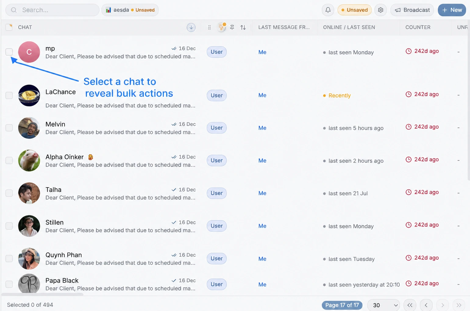 Messages table annotation pointing to the row checkbox used to reveal bulk actions