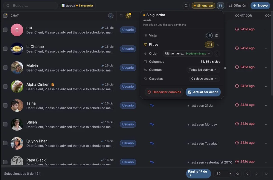 Menú de vistas guardadas abierto sobre la tabla de Mensajes