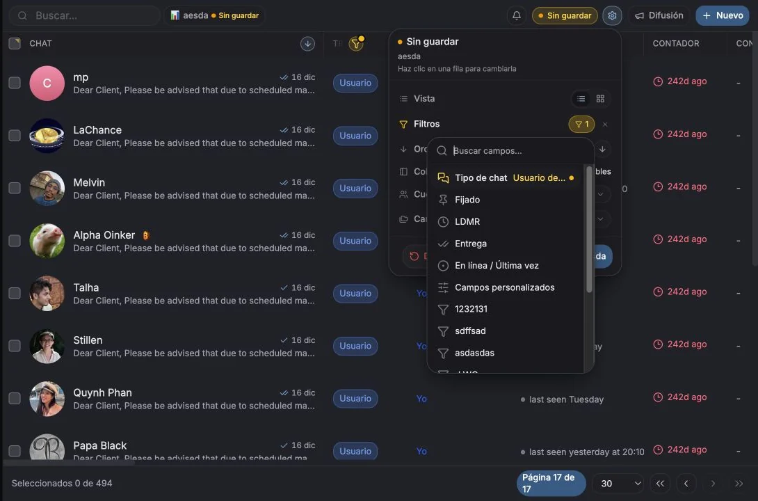 Menú Añadir filtro con los grupos de filtros disponibles del CRM