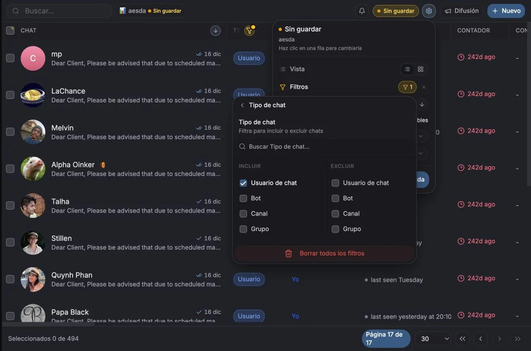 Filtro de tipo de chat configurado para incluir conversaciones privadas de usuario
