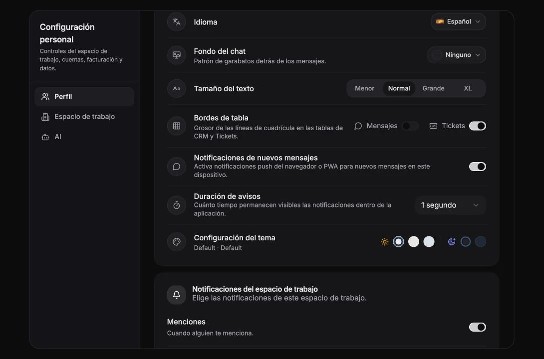 Ajustes personales de idioma, tamaño de texto, bordes de tabla, notificaciones y tema