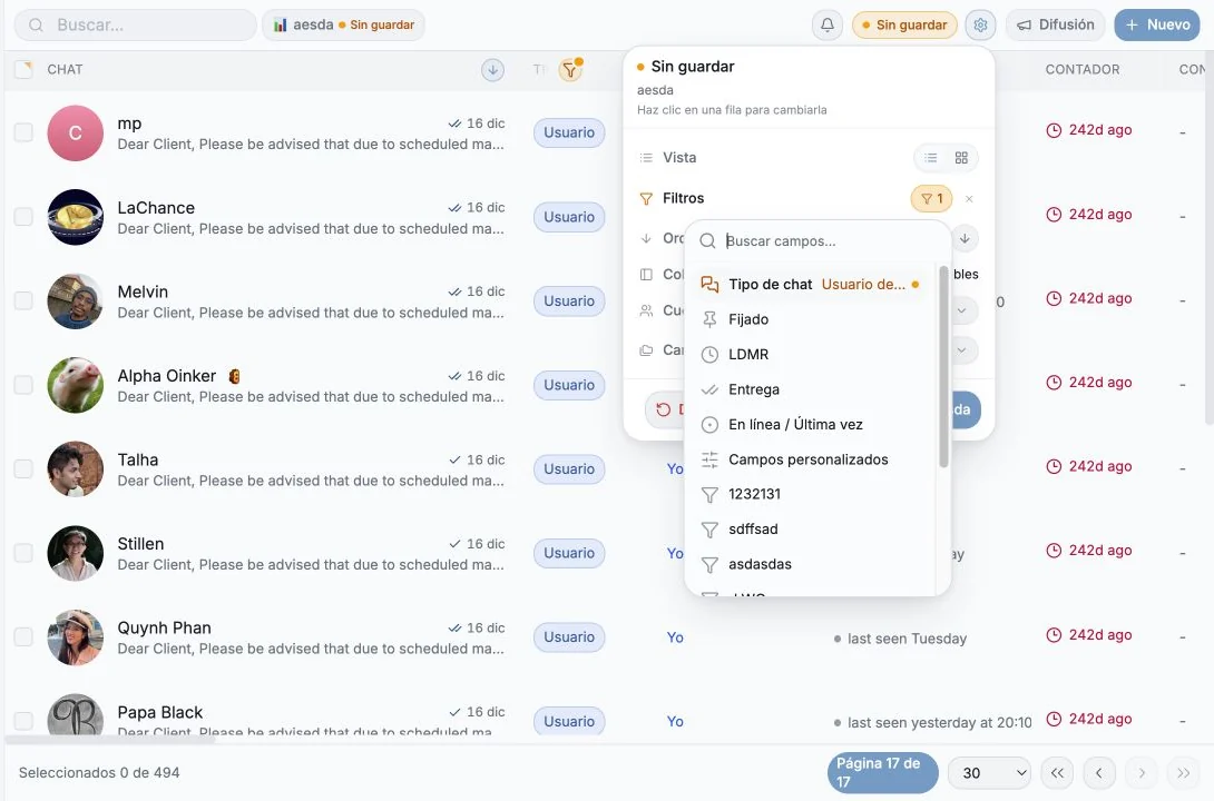 Menú Añadir filtro con los grupos de filtros disponibles del CRM