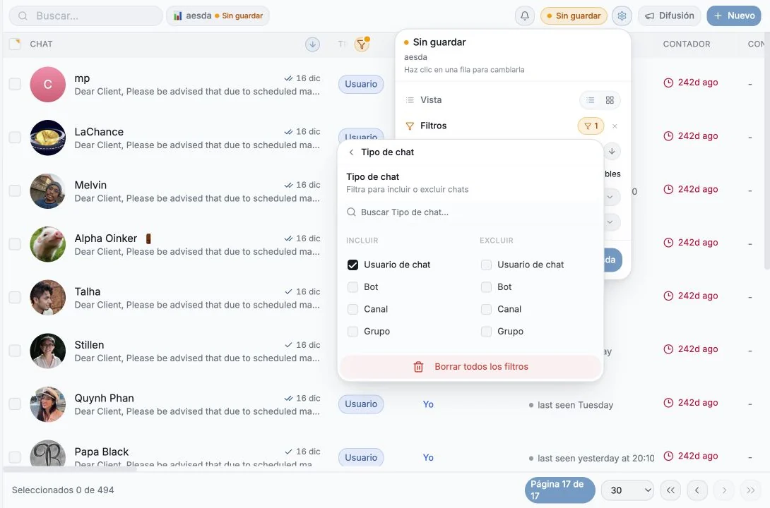Filtro de tipo de chat configurado para incluir conversaciones privadas de usuario
