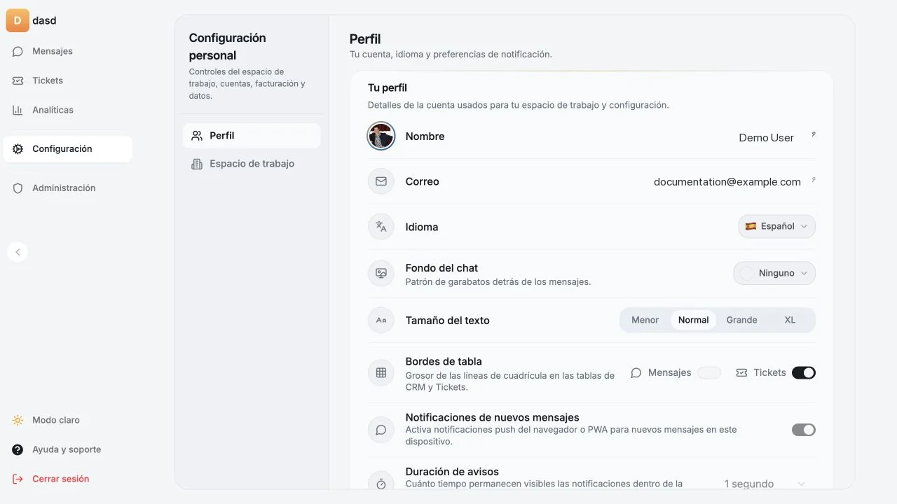 Ajustes personales de idioma, tamaño de texto, bordes de tabla, notificaciones y tema