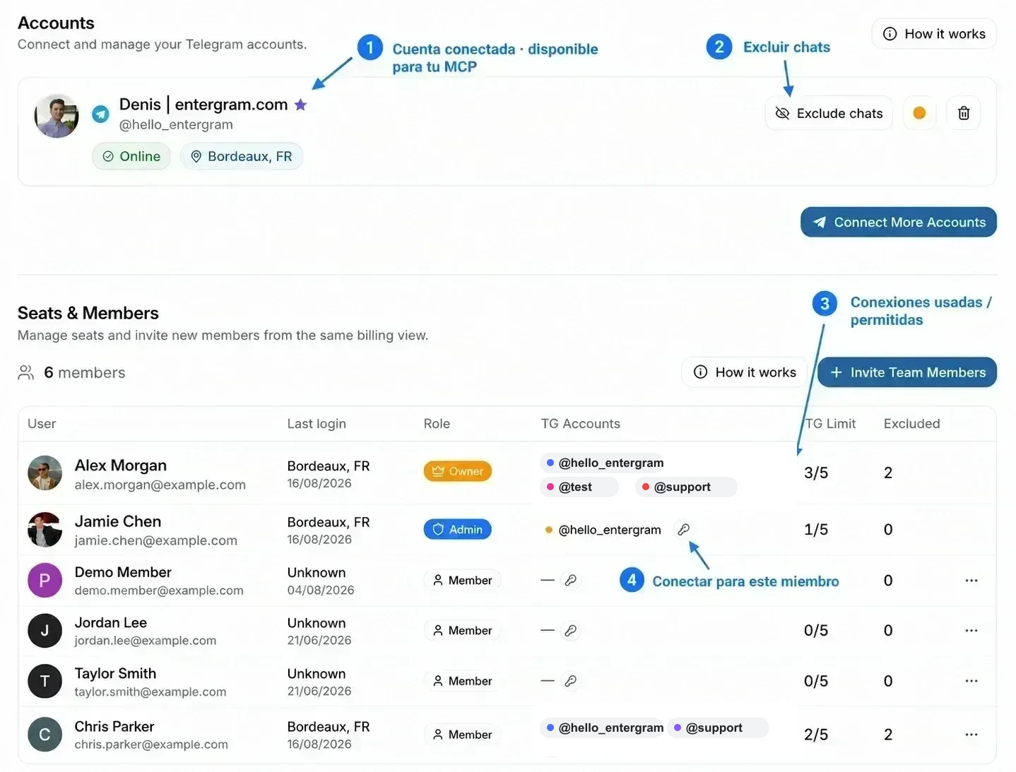 Ajustes de Cuentas y de Asientos y miembros anotados, con las conexiones disponibles para MCP y el lugar donde gestionar exclusiones y límites