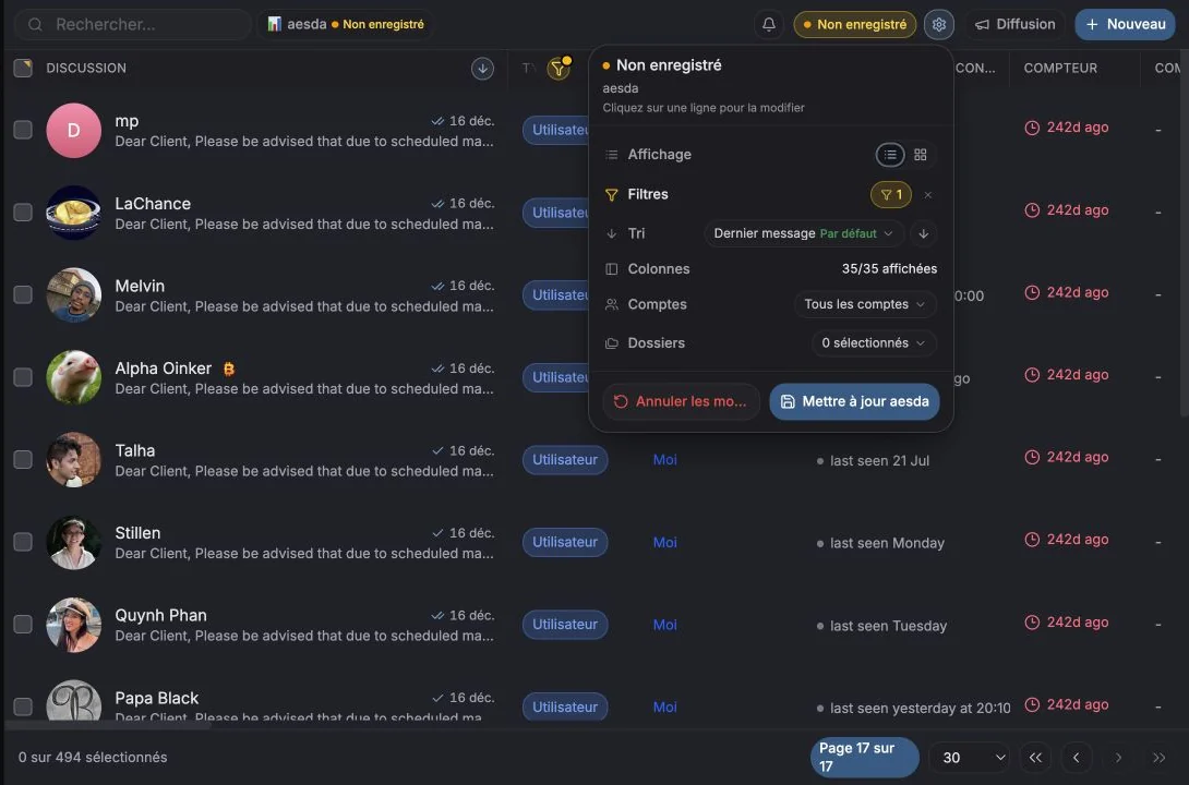 Menu Vues enregistrées ouvert au-dessus de la table Messages