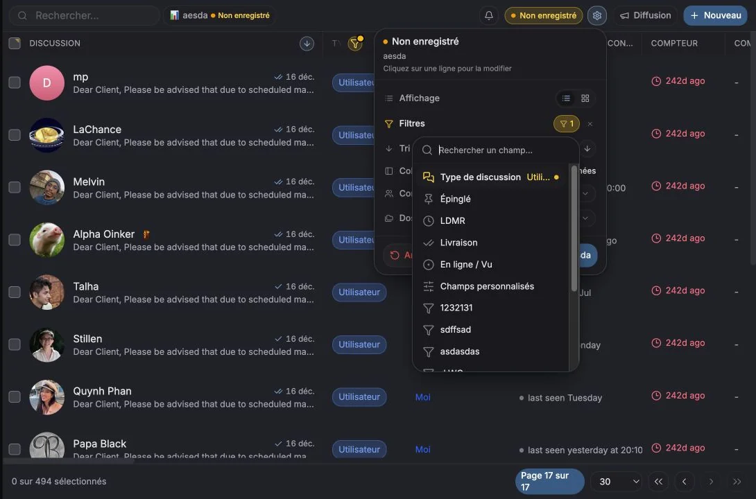 Menu Ajouter un filtre montrant les groupes de filtres CRM disponibles