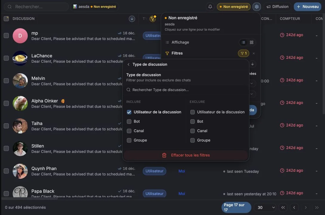 Filtre Type de discussion configuré pour inclure les conversations privées de type Utilisateur
