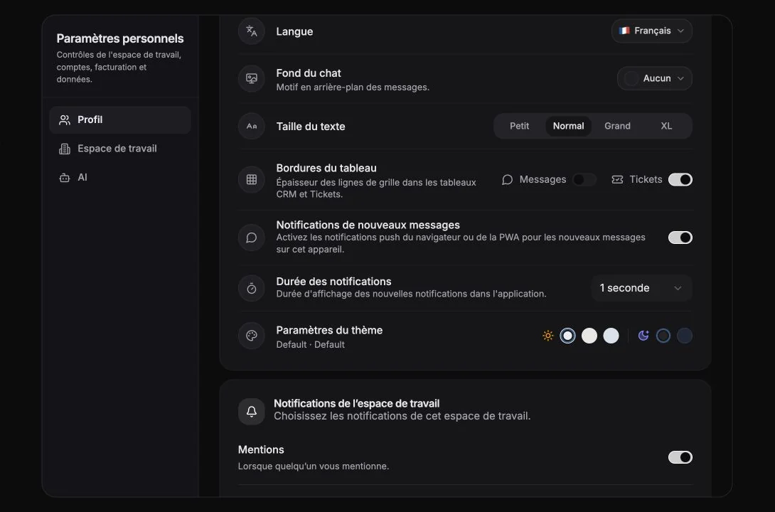 Paramètres personnels de langue, taille du texte, bordures de tableau, notifications et thème