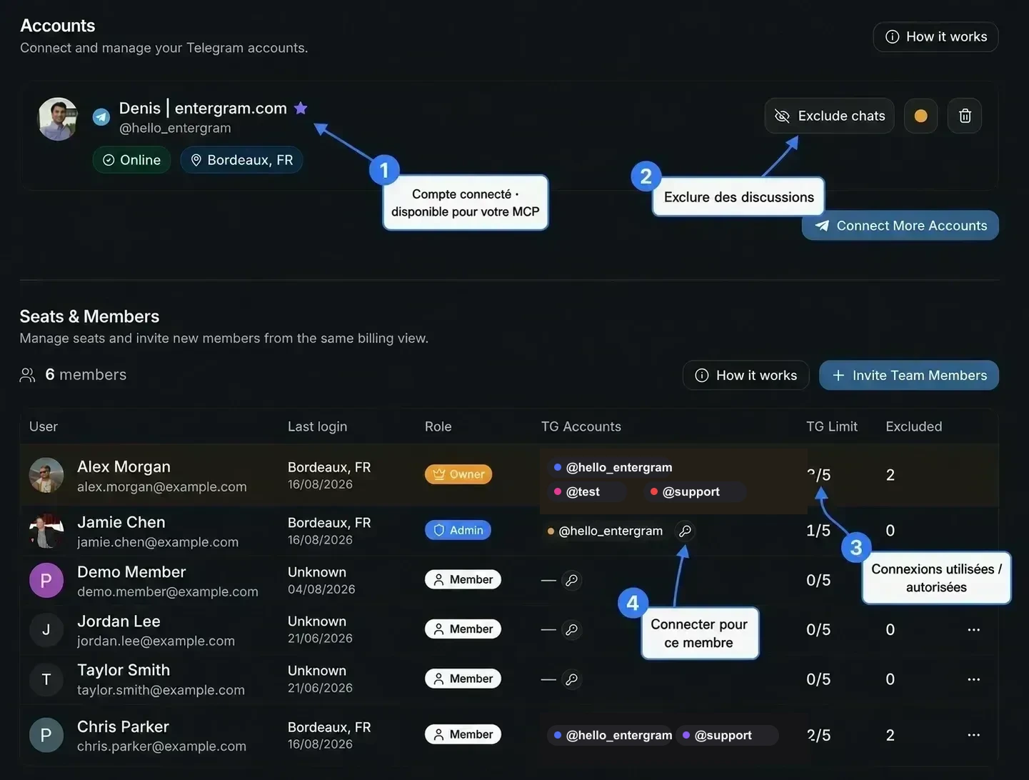 Paramètres annotés Accounts et Seats & Members montrant quelles connexions sont disponibles pour le MCP et où gérer les exclusions et les limites