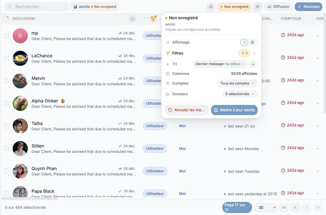 Menu Vues enregistrées ouvert au-dessus de la table Messages