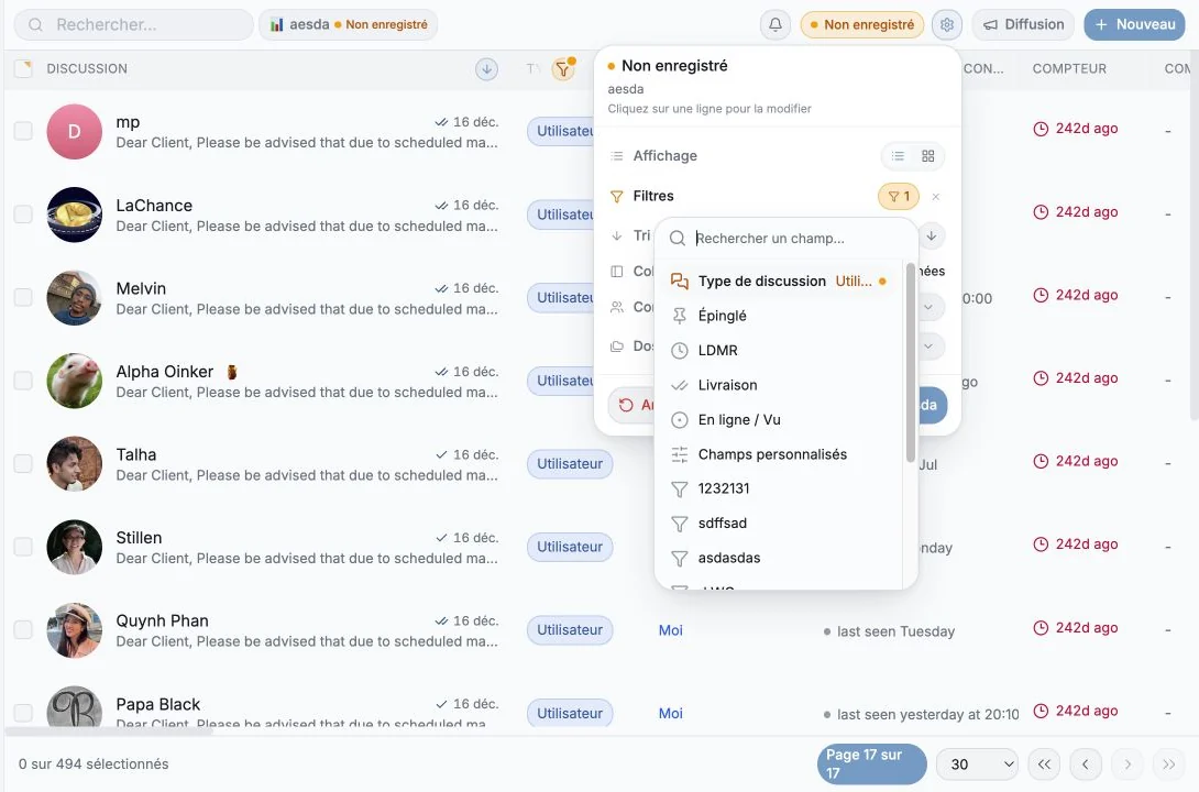 Menu Ajouter un filtre montrant les groupes de filtres CRM disponibles