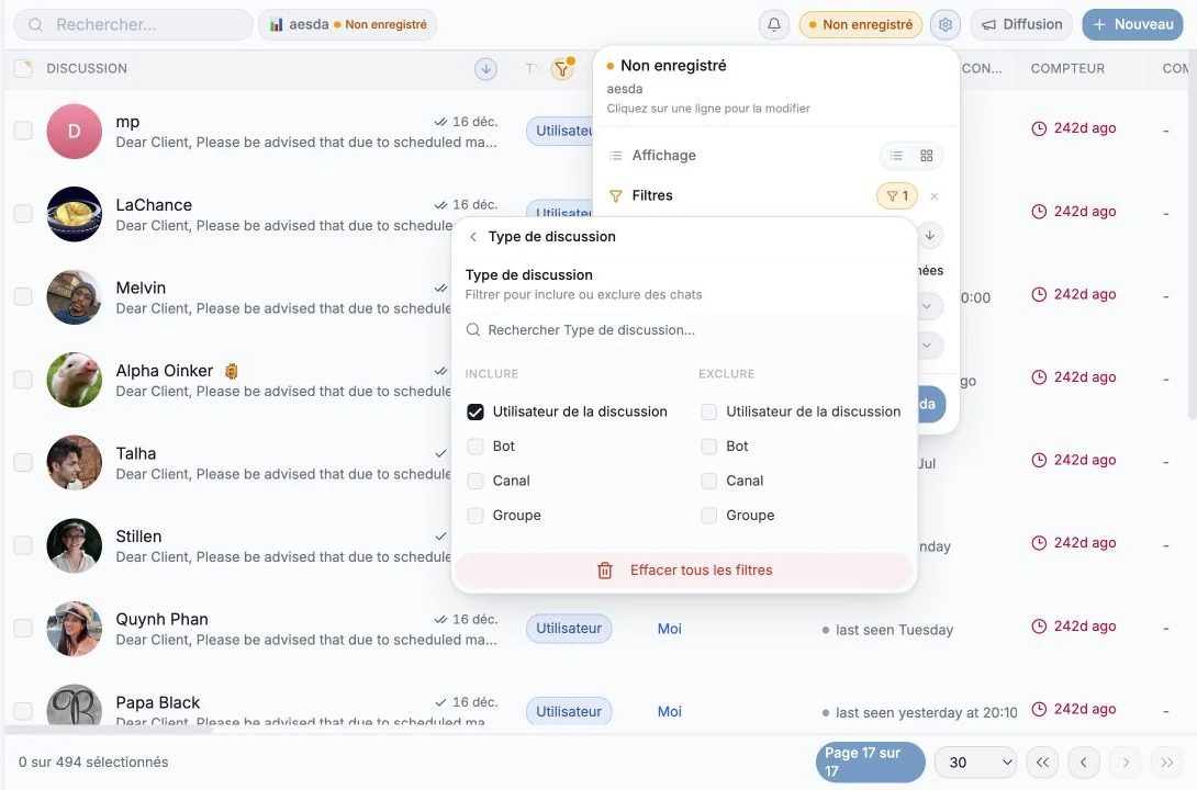Filtre Type de discussion configuré pour inclure les conversations privées de type Utilisateur