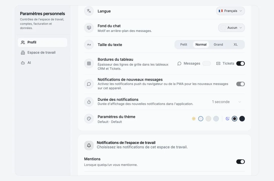 Paramètres personnels de langue, taille du texte, bordures de tableau, notifications et thème