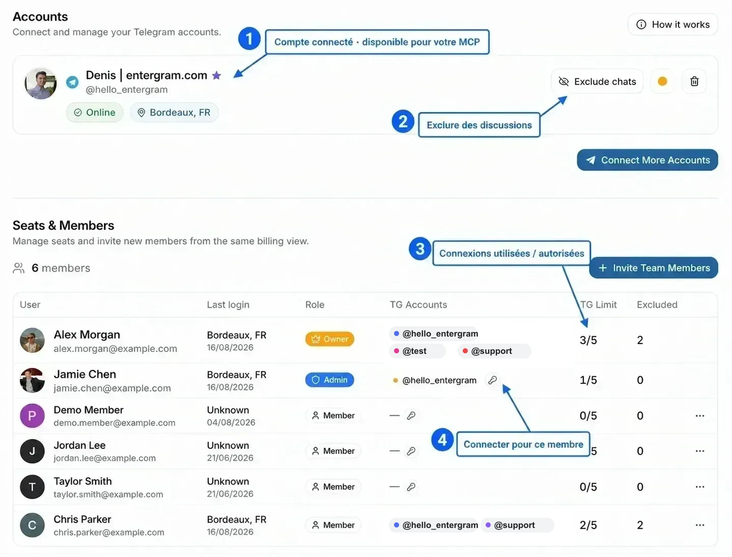 Paramètres annotés Accounts et Seats & Members montrant quelles connexions sont disponibles pour le MCP et où gérer les exclusions et les limites
