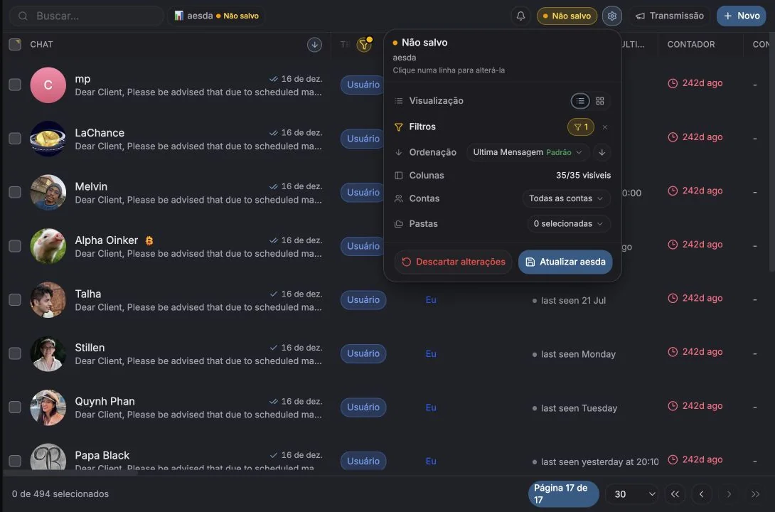 Menu de Visualizações salvas aberto sobre a tabela de Mensagens