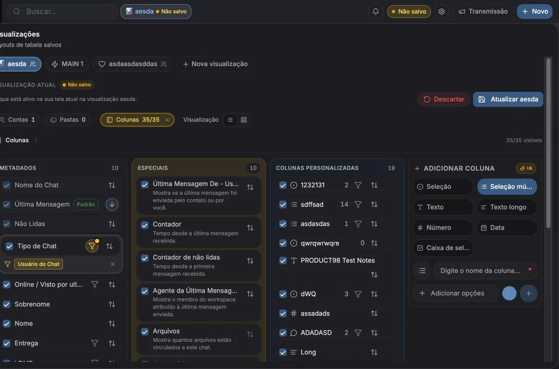 Resumo da visualização atual mostrando colunas ativas, filtros, ordenação, contas e layout