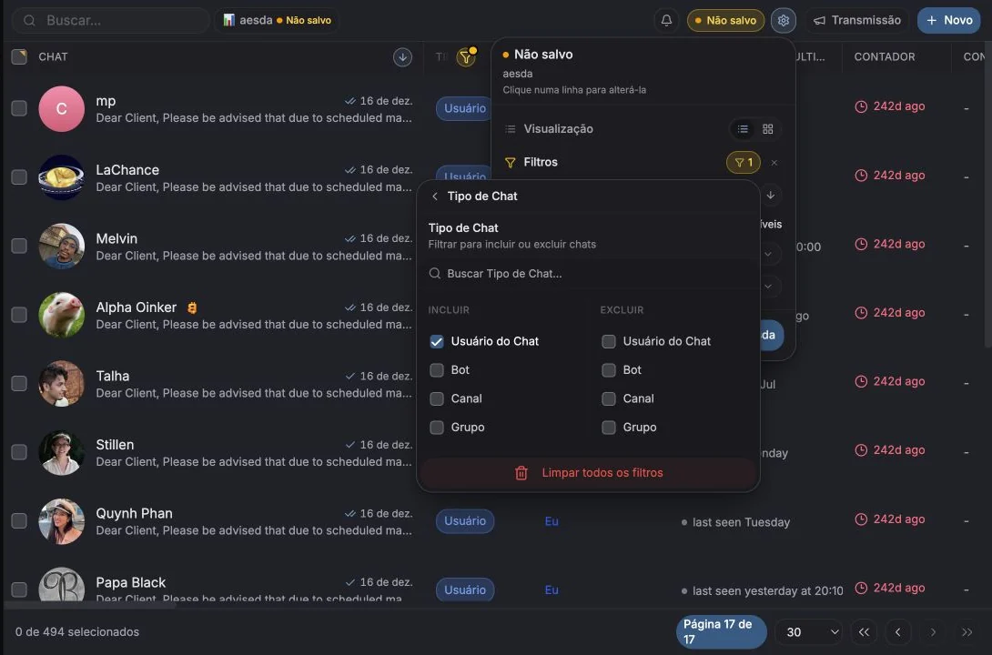 Filtro de Tipo de chat configurado para incluir conversas privadas do tipo Chat User