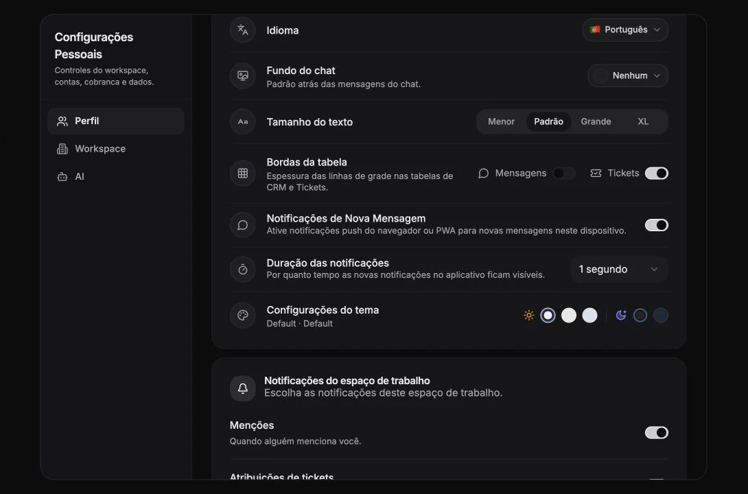 Configurações pessoais de idioma, tamanho do texto, bordas da tabela, notificações e tema