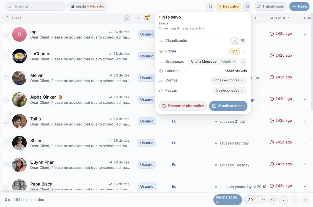 Menu de Visualizações salvas aberto sobre a tabela de Mensagens