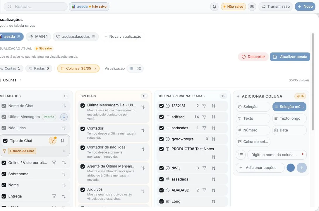 Resumo da visualização atual mostrando colunas ativas, filtros, ordenação, contas e layout