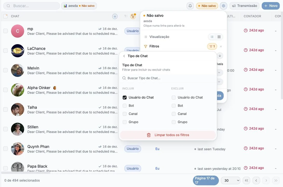 Filtro de Tipo de chat configurado para incluir conversas privadas do tipo Chat User