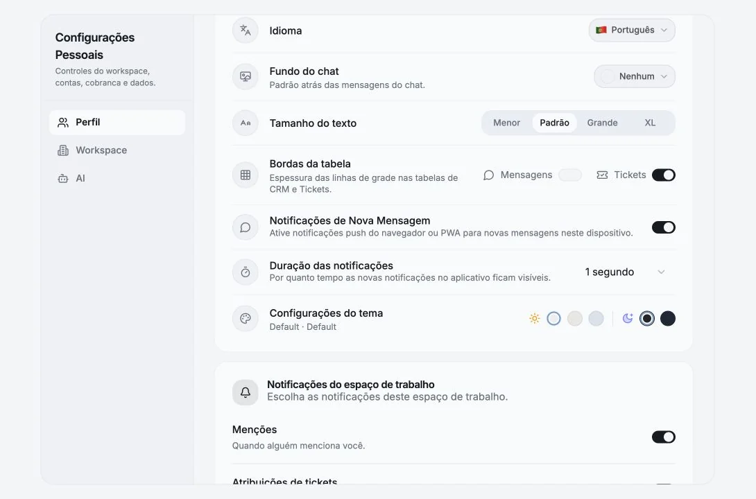 Configurações pessoais de idioma, tamanho do texto, bordas da tabela, notificações e tema