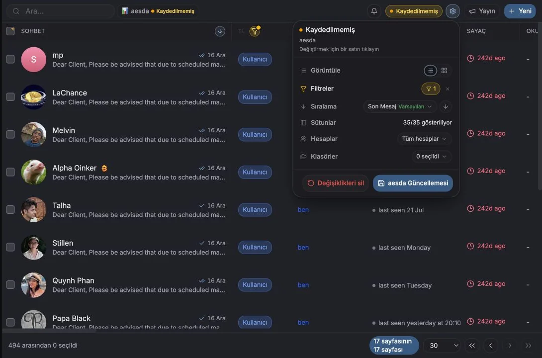 Messages tablosunun üzerinde açık duran Saved Views menüsü