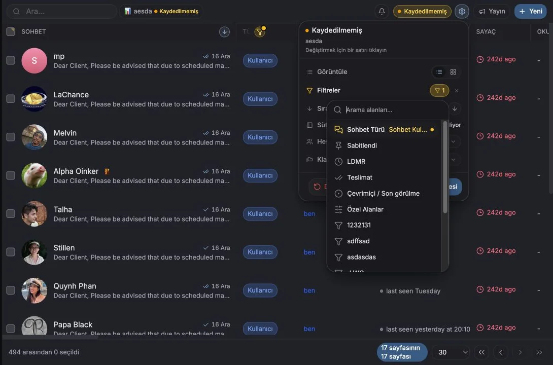 Kullanılabilir CRM filtre gruplarını gösteren Add Filter menüsü