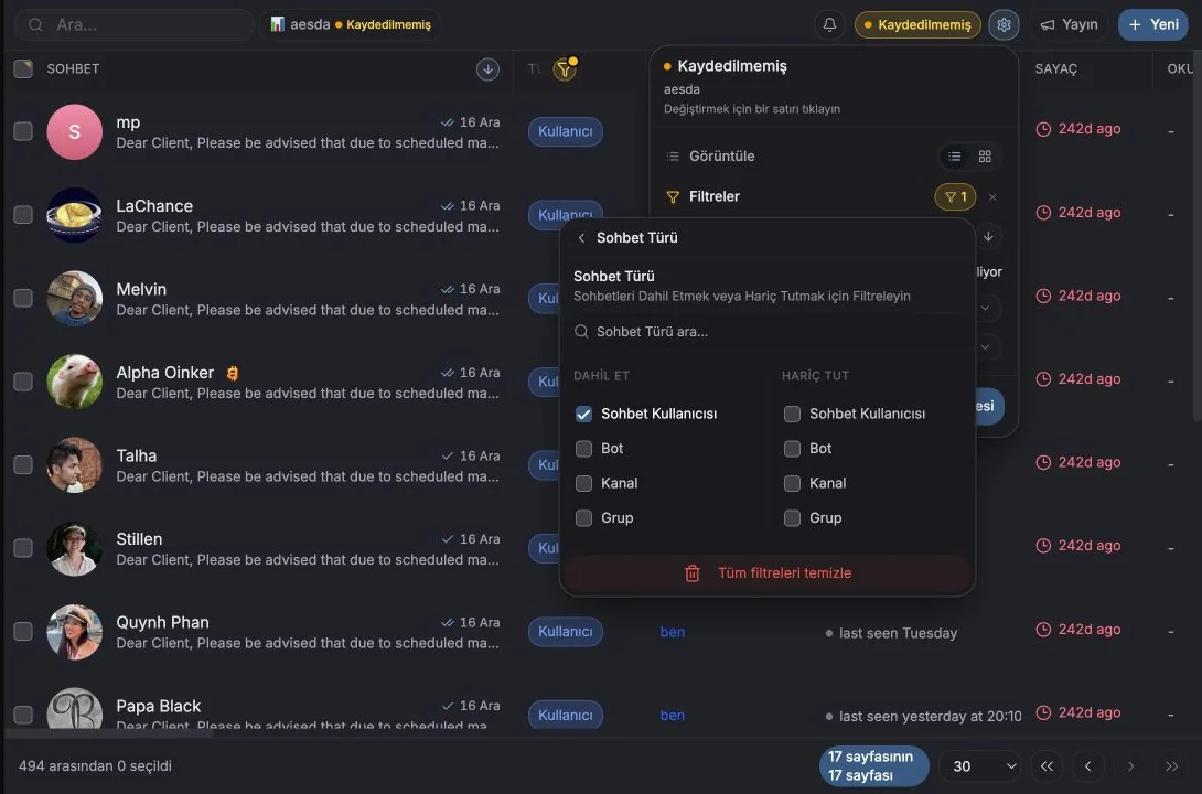 Özel Chat User konuşmalarını içerecek şekilde ayarlanmış Chat Type filtresi