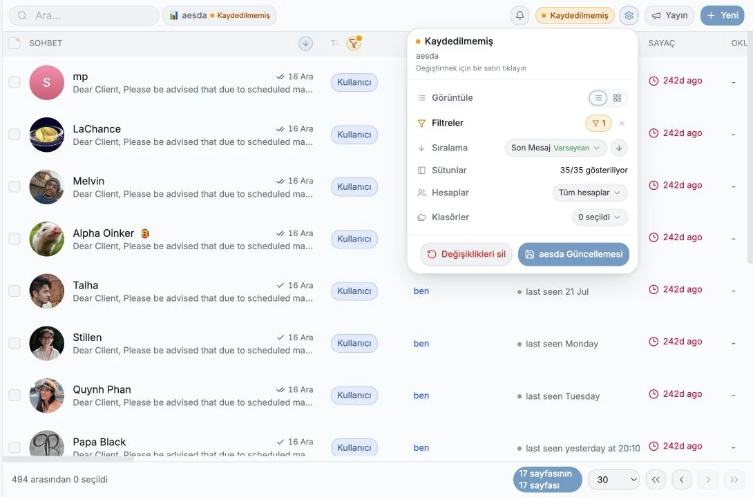 Messages tablosunun üzerinde açık duran Saved Views menüsü