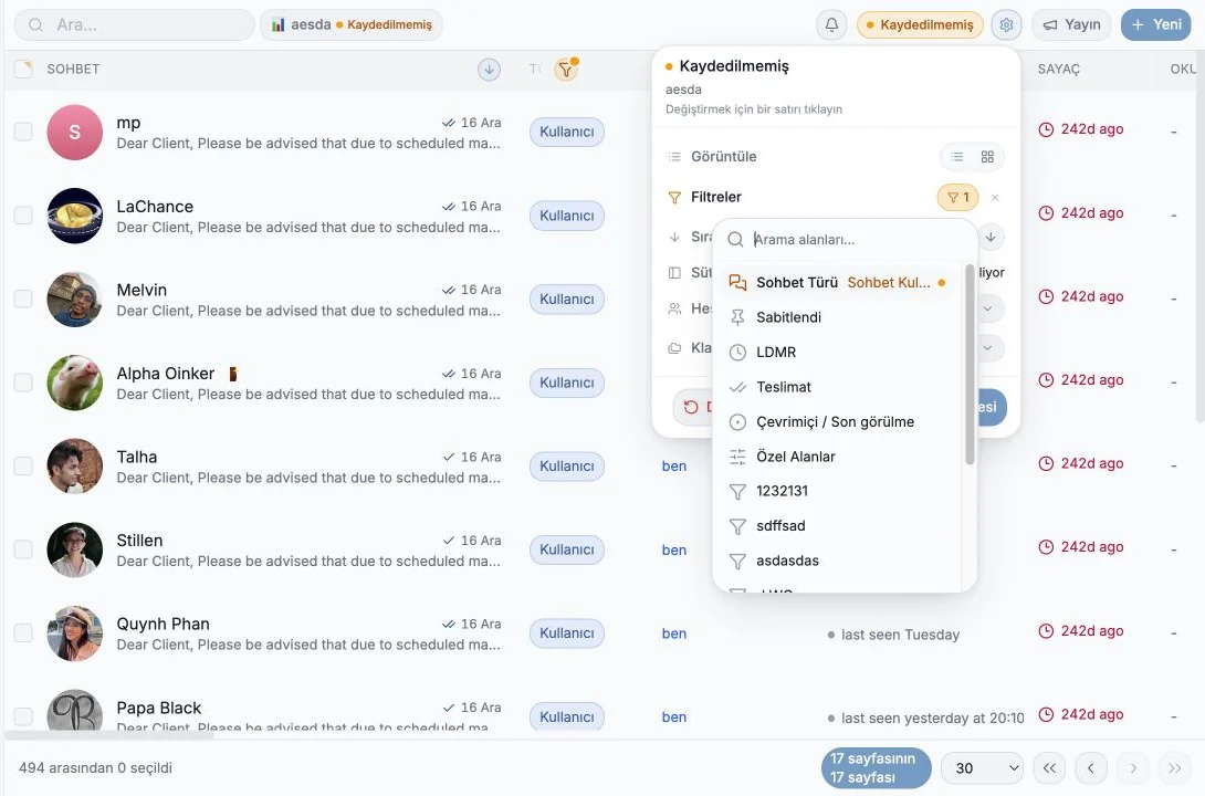 Kullanılabilir CRM filtre gruplarını gösteren Add Filter menüsü