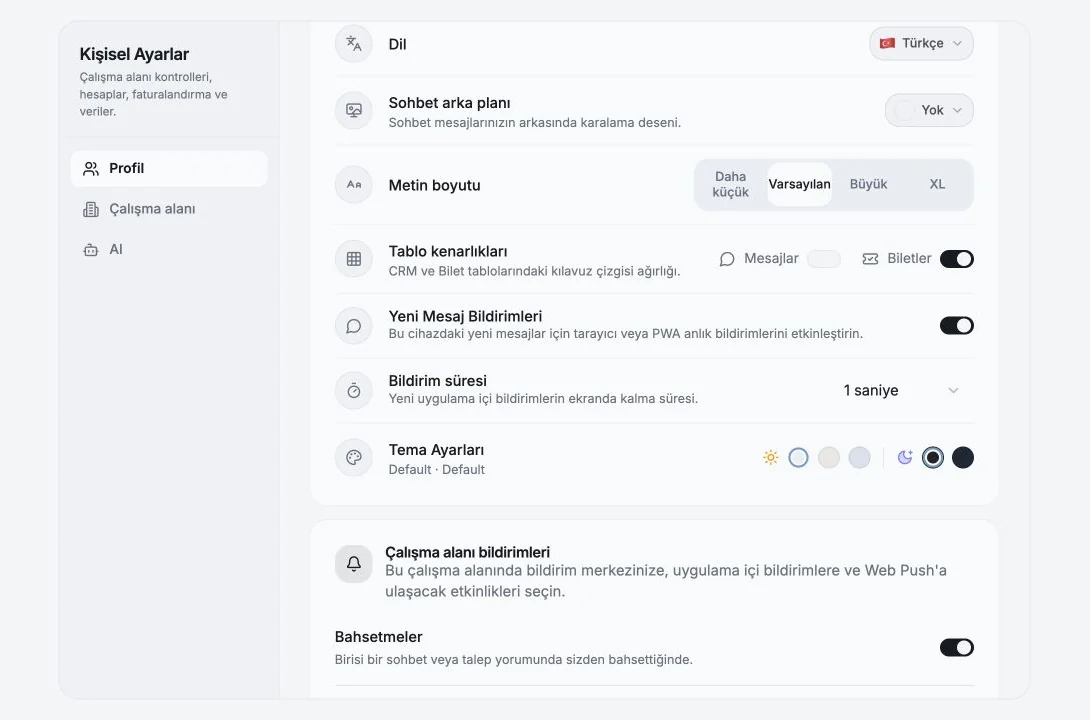 Dil, metin boyutu, tablo kenarlıkları, bildirimler ve tema için kişisel ayarlar
