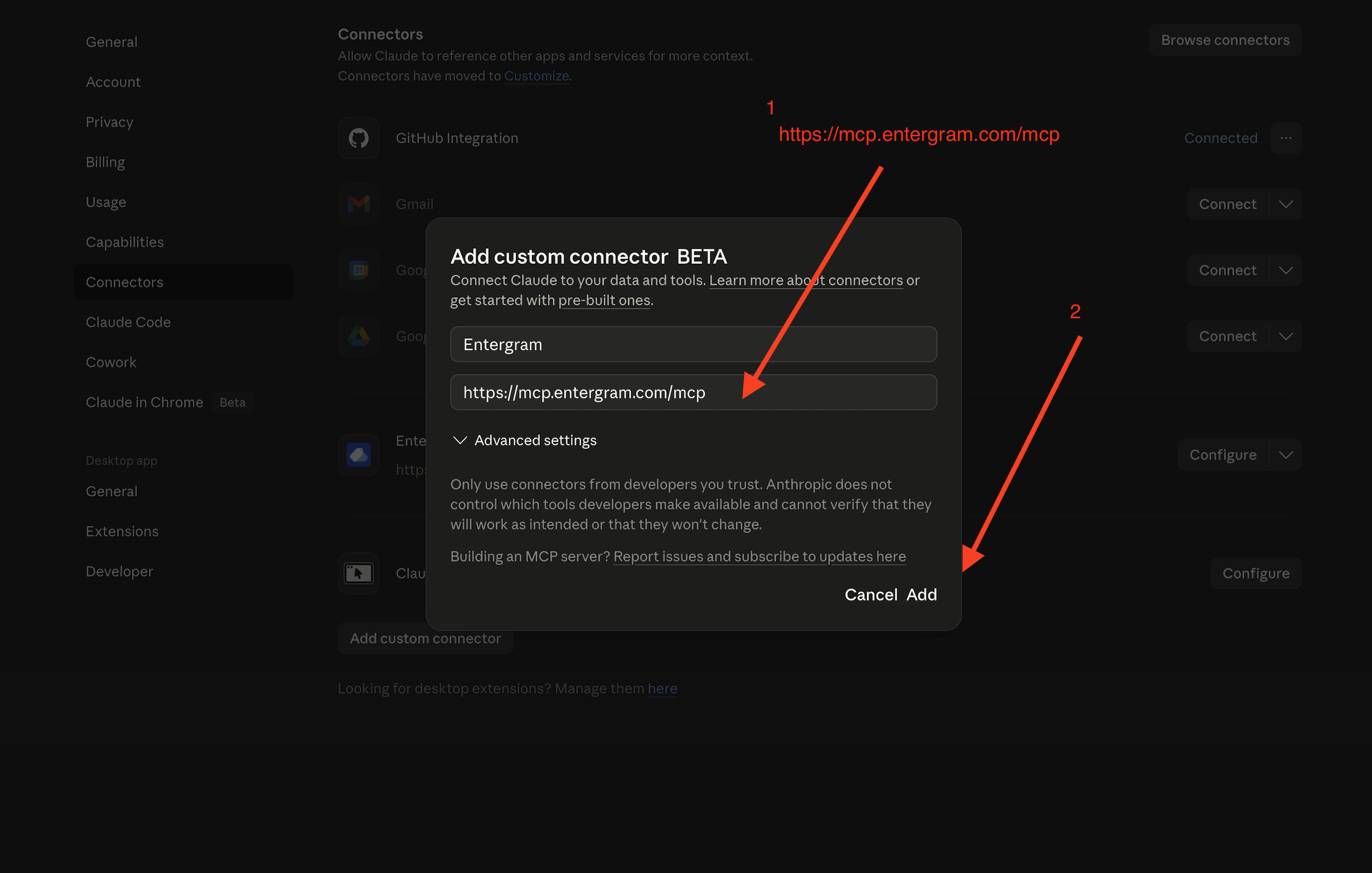 Add Entergram as a custom MCP connector in Claude