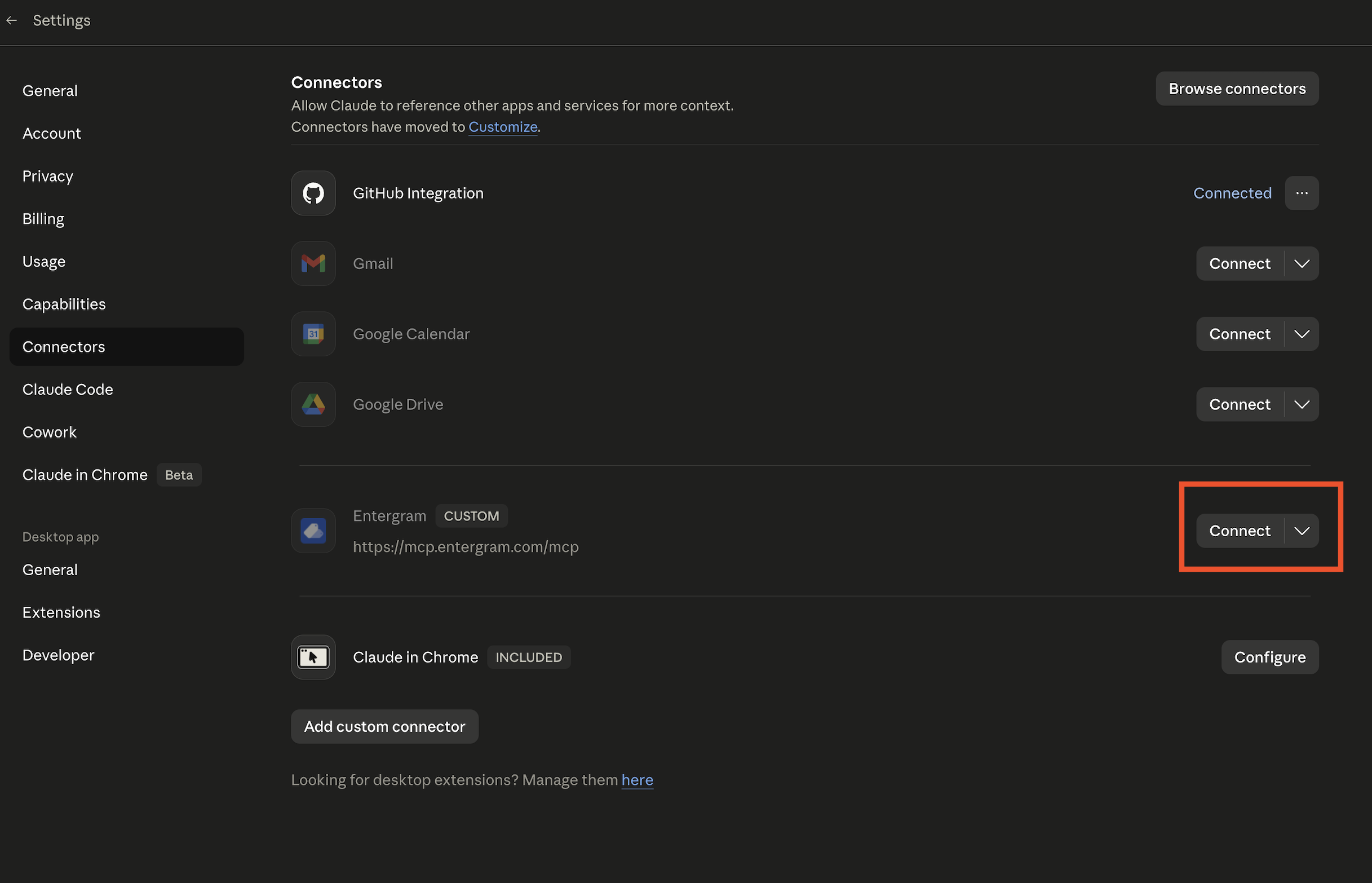 Click Connect next to the Entergram connector in Claude
