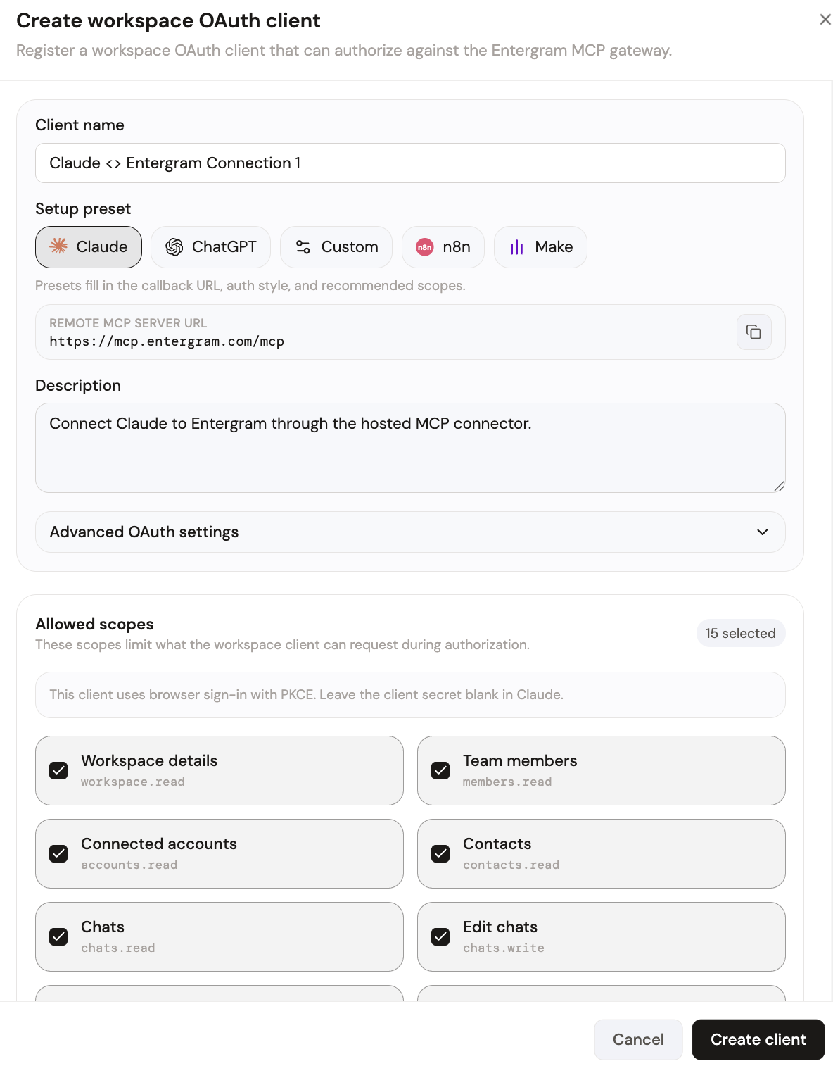 Create a workspace OAuth client in Entergram